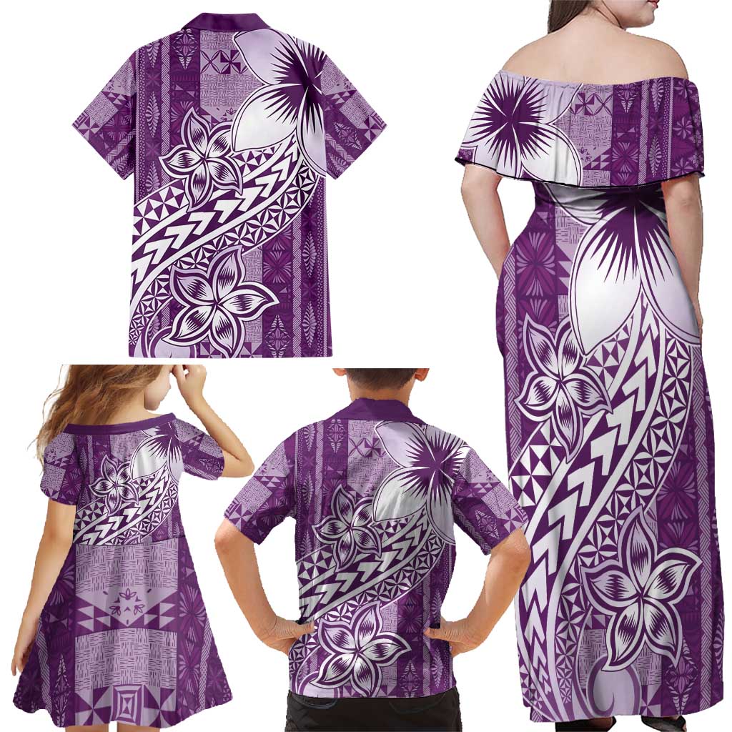 Tonga Kupesi Ngatu Family Matching Off Shoulder Maxi Dress and Hawaiian Shirt Vintage Purple Plumeria LT05 - Polynesian Pride