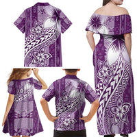Tonga Kupesi Ngatu Family Matching Off Shoulder Maxi Dress and Hawaiian Shirt Vintage Purple Plumeria LT05 - Polynesian Pride