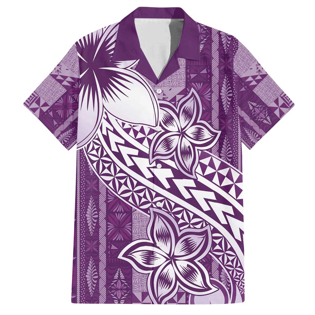 Tonga Kupesi Ngatu Family Matching Off Shoulder Maxi Dress and Hawaiian Shirt Vintage Purple Plumeria LT05 Dad's Shirt - Short Sleeve Purple - Polynesian Pride