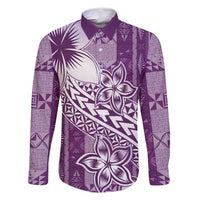 Tonga Kupesi Ngatu Family Matching Off Shoulder Maxi Dress and Hawaiian Shirt Vintage Purple Plumeria LT05 Dad's Shirt - Long Sleeve Purple - Polynesian Pride