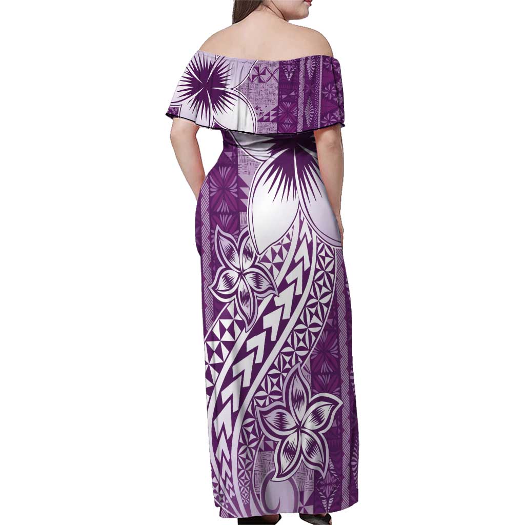 Tonga Kupesi Ngatu Family Matching Off Shoulder Maxi Dress and Hawaiian Shirt Vintage Purple Plumeria LT05 - Polynesian Pride
