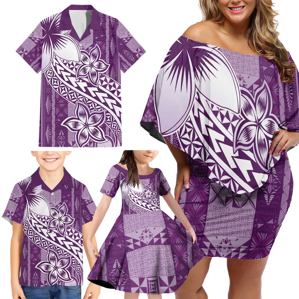 Tonga Kupesi Ngatu Family Matching Off Shoulder Short Dress and Hawaiian Shirt Vintage Purple Plumeria LT05 - Polynesian Pride