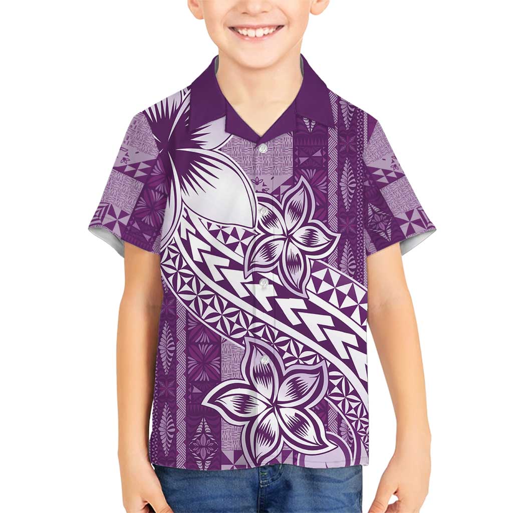 Tonga Kupesi Ngatu Family Matching Off Shoulder Short Dress and Hawaiian Shirt Vintage Purple Plumeria LT05 Son's Shirt Purple - Polynesian Pride