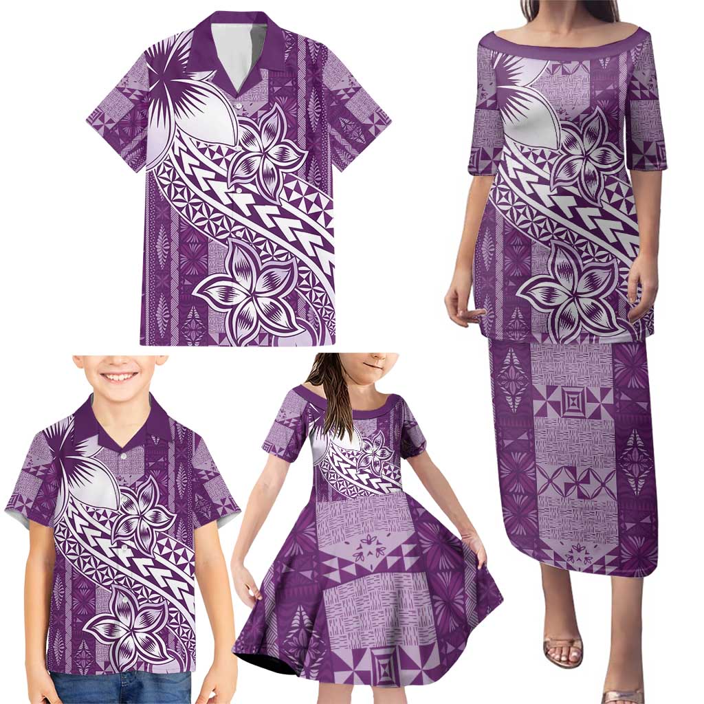 Tonga Kupesi Ngatu Family Matching Puletasi and Hawaiian Shirt Vintage Purple Plumeria