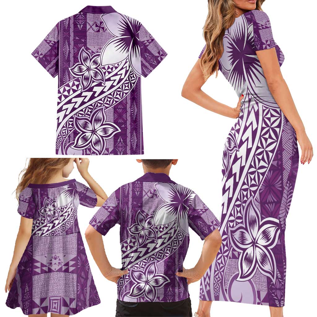 Tonga Kupesi Ngatu Family Matching Short Sleeve Bodycon Dress and Hawaiian Shirt Vintage Purple Plumeria LT05 - Polynesian Pride