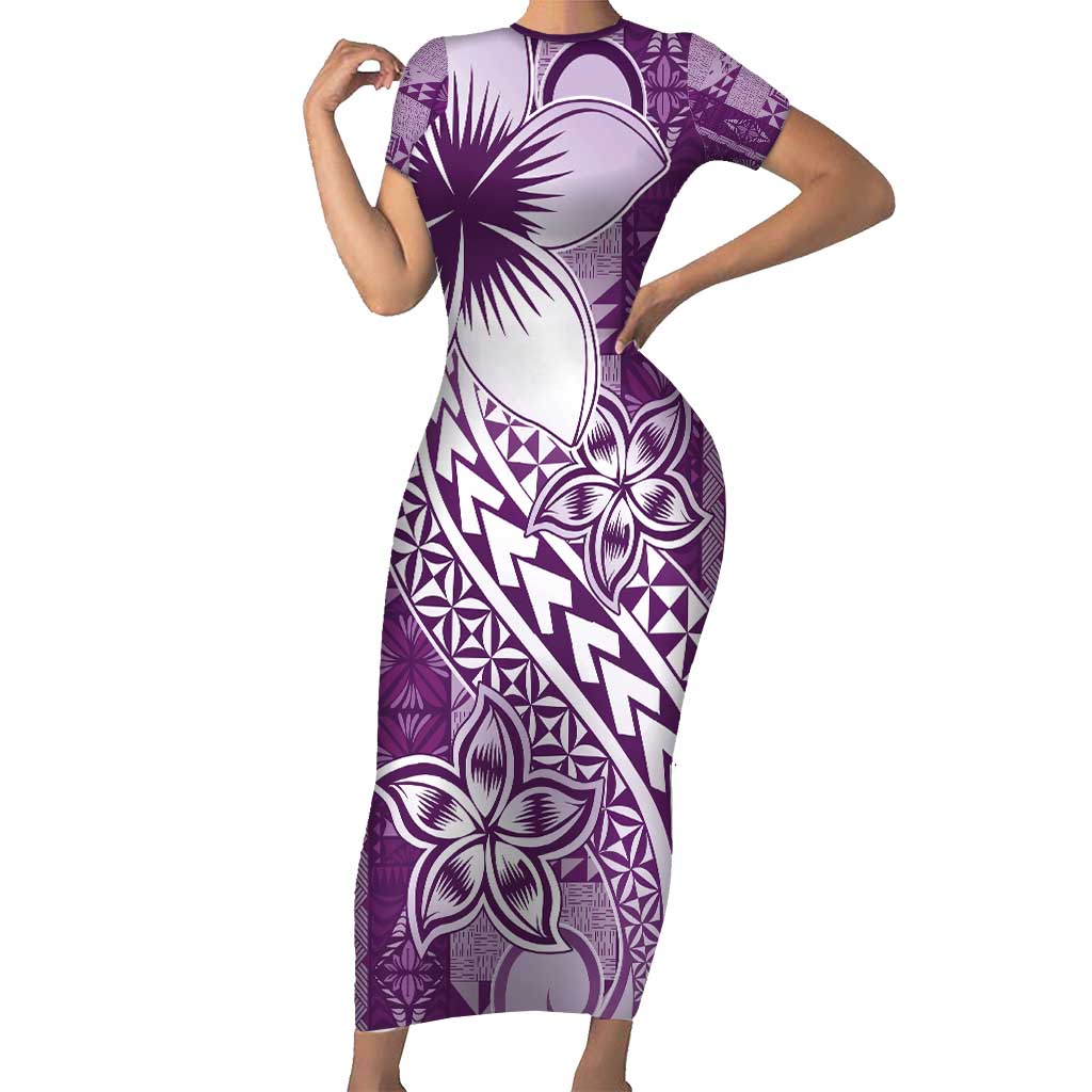 Tonga Kupesi Ngatu Family Matching Short Sleeve Bodycon Dress and Hawaiian Shirt Vintage Purple Plumeria LT05 Mom's Dress Purple - Polynesian Pride