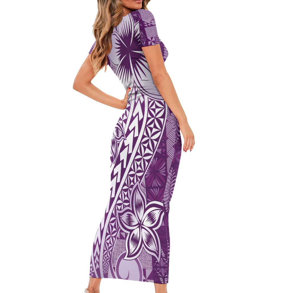 Tonga Kupesi Ngatu Family Matching Short Sleeve Bodycon Dress and Hawaiian Shirt Vintage Purple Plumeria LT05 - Polynesian Pride