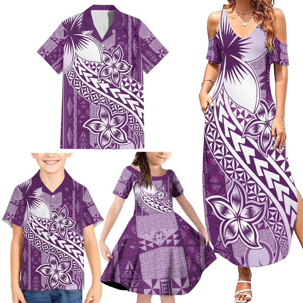 Tonga Kupesi Ngatu Family Matching Summer Maxi Dress and Hawaiian Shirt Vintage Purple Plumeria