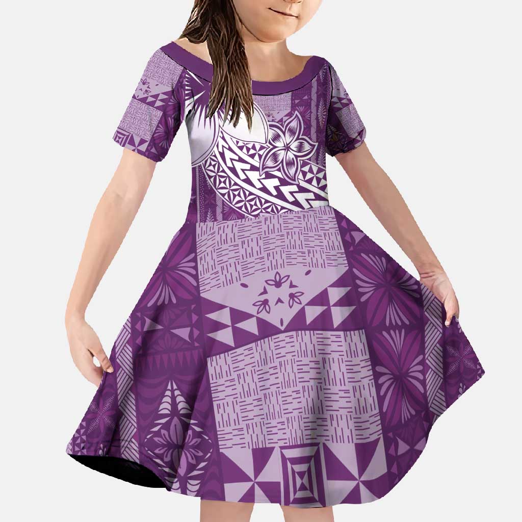 Tonga Kupesi Ngatu Family Matching Tank Maxi Dress and Hawaiian Shirt Vintage Purple Plumeria LT05 Daughter's Dress Purple - Polynesian Pride