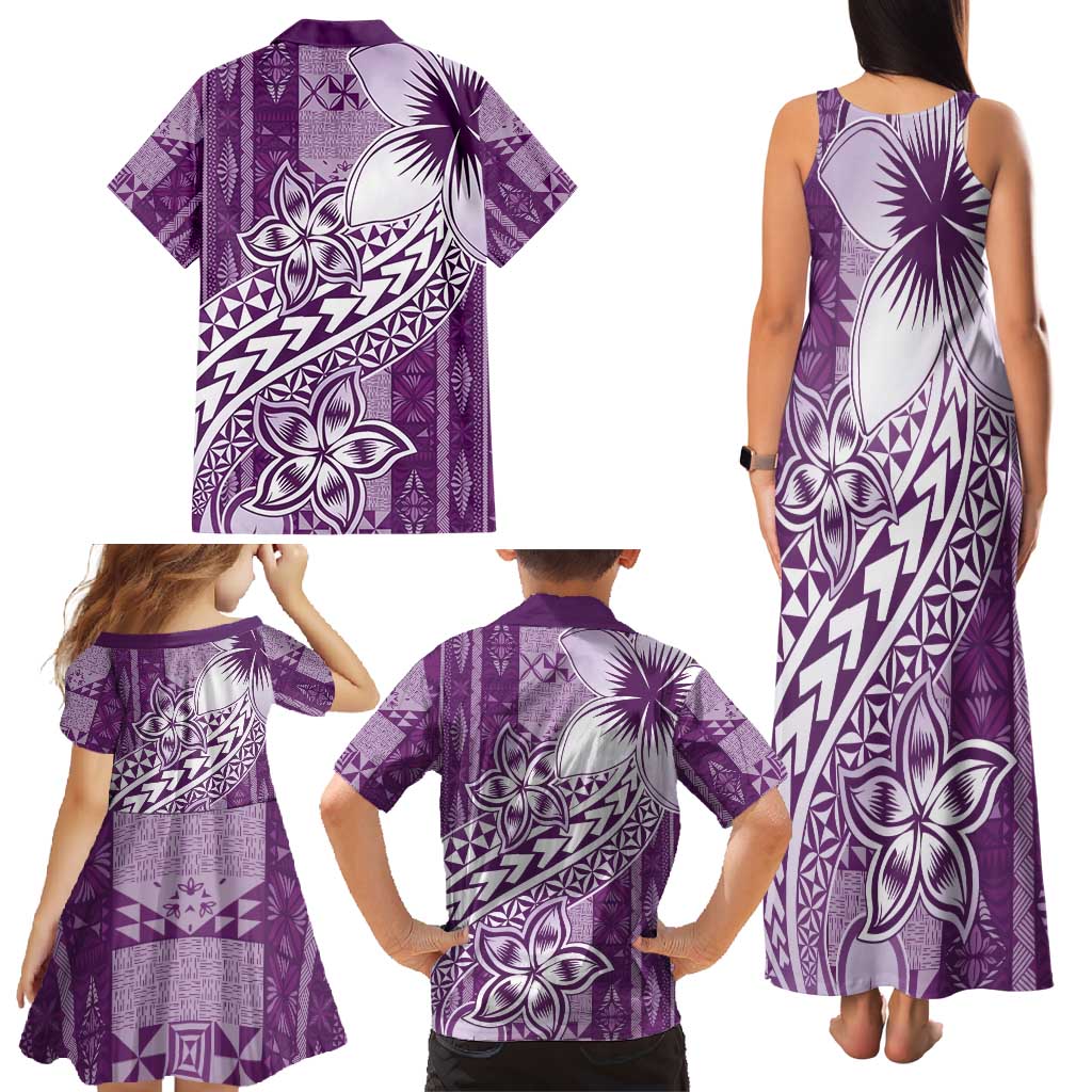 Tonga Kupesi Ngatu Family Matching Tank Maxi Dress and Hawaiian Shirt Vintage Purple Plumeria LT05 - Polynesian Pride