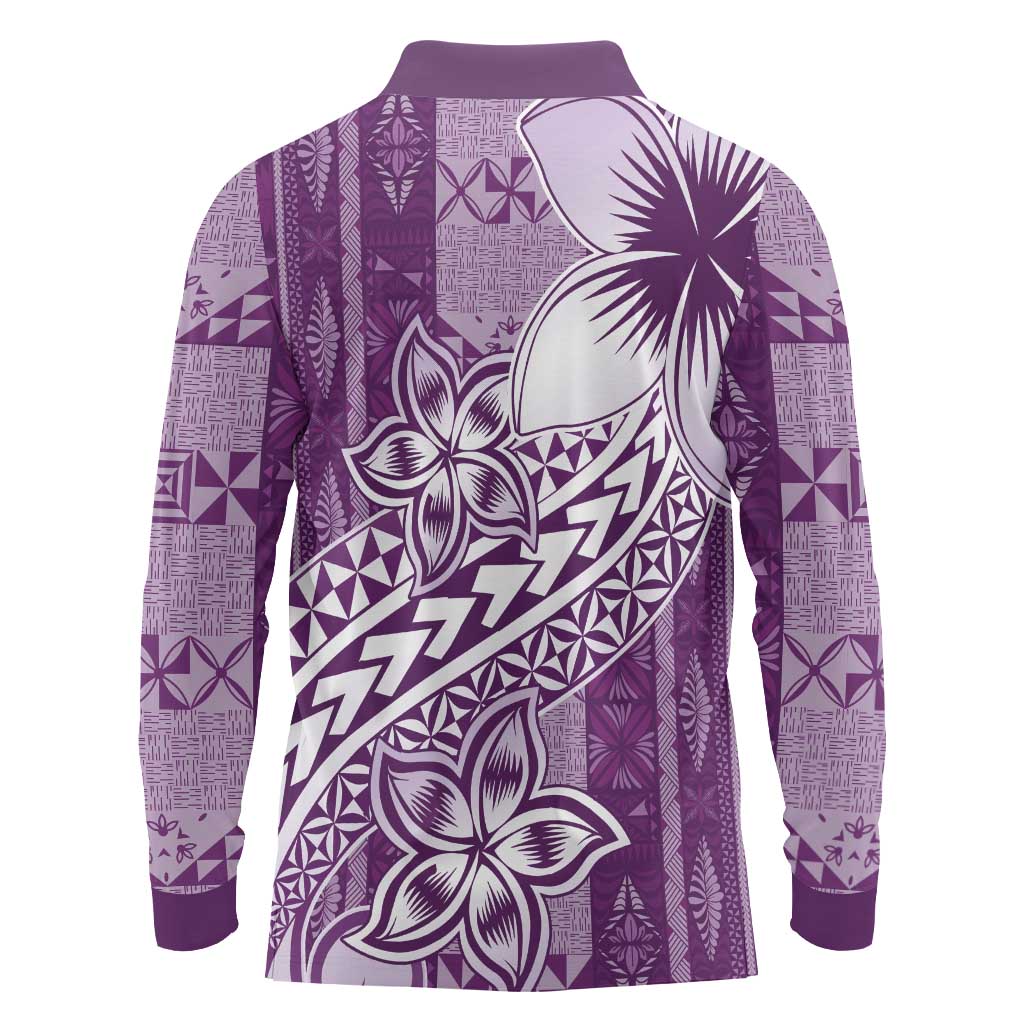 Tonga Kupesi Ngatu Long Sleeve Polo Shirt Vintage Purple Plumeria