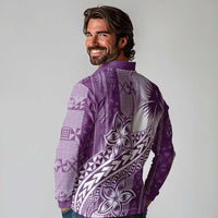 Tonga Kupesi Ngatu Long Sleeve Polo Shirt Vintage Purple Plumeria