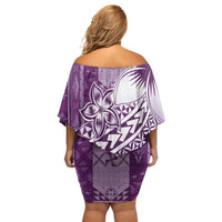 Tonga Kupesi Ngatu Off Shoulder Short Dress Vintage Purple Plumeria