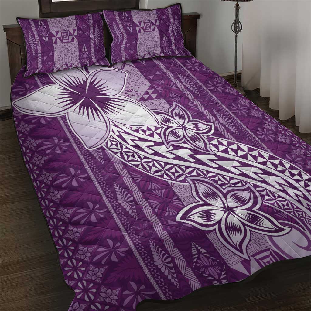 Tonga Kupesi Ngatu Quilt Bed Set Vintage Purple Plumeria
