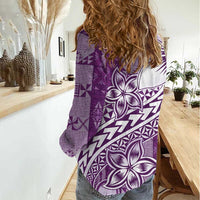 Tonga Kupesi Ngatu Women Casual Shirt Vintage Purple Plumeria