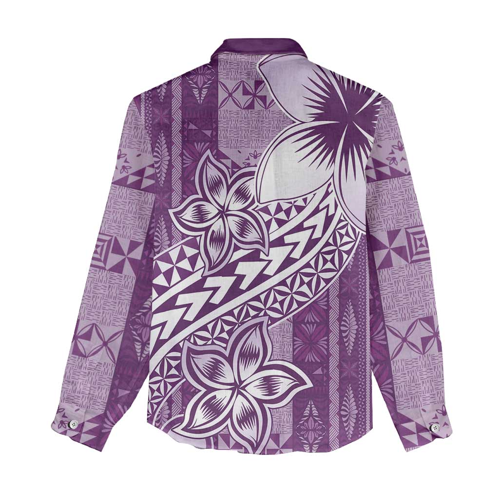Tonga Kupesi Ngatu Women Casual Shirt Vintage Purple Plumeria