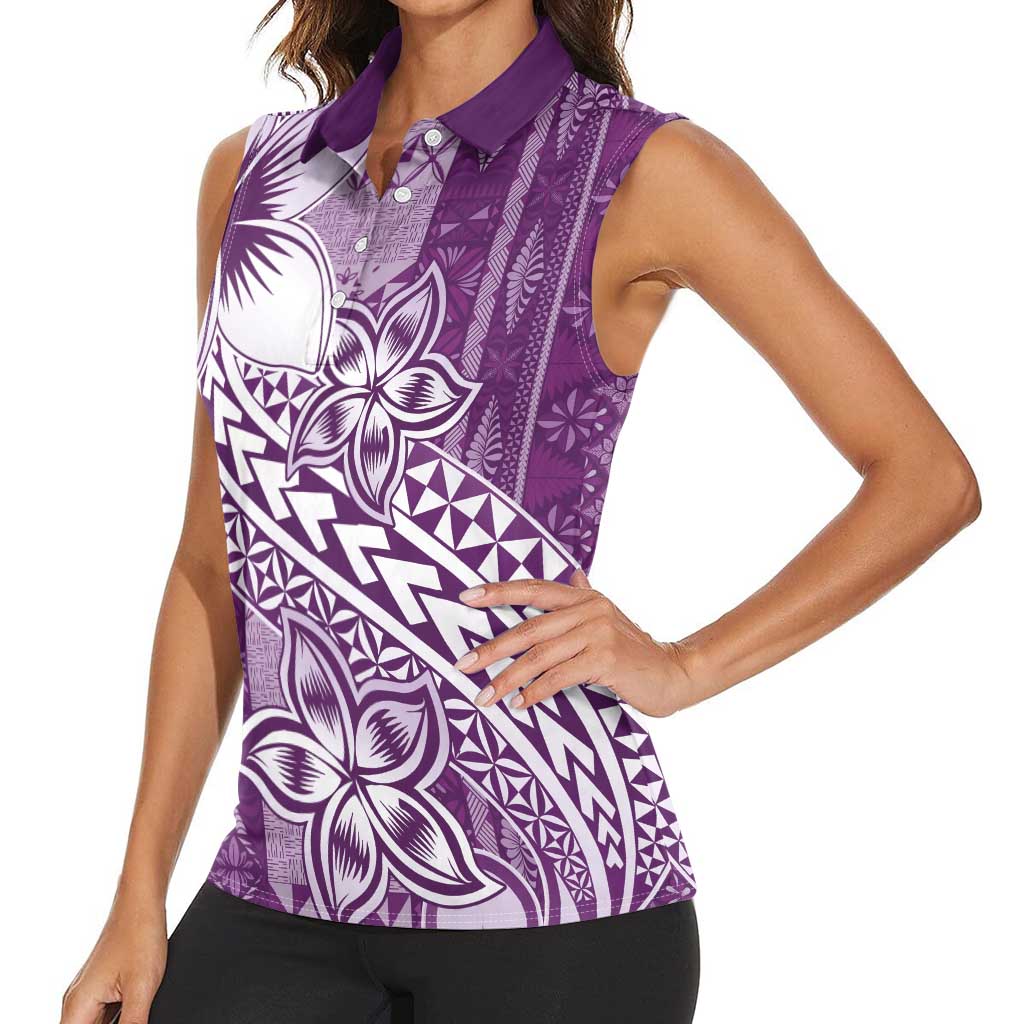 Tonga Kupesi Ngatu Women Sleeveless Polo Shirt Vintage Purple Plumeria