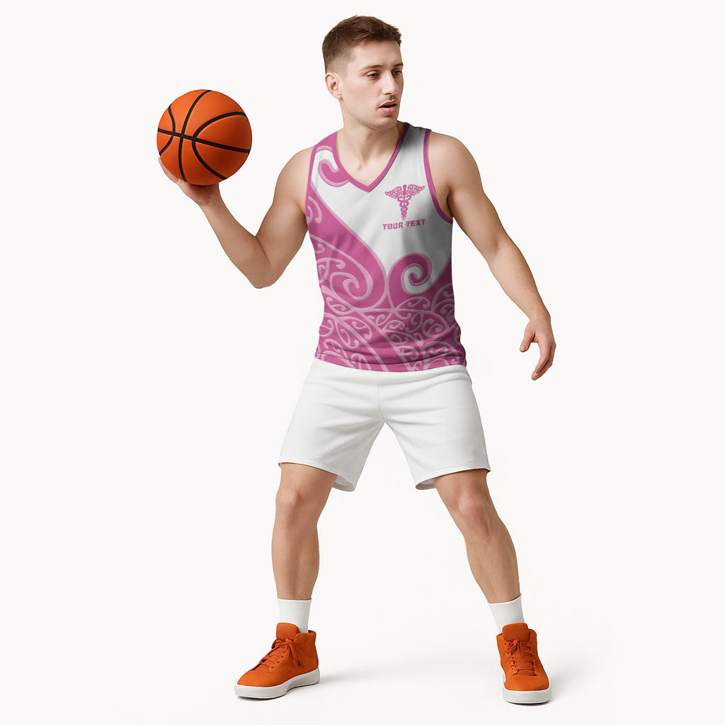 Personalised New Zealand Nurse Basketball Jersey Maori Koru Pink Version