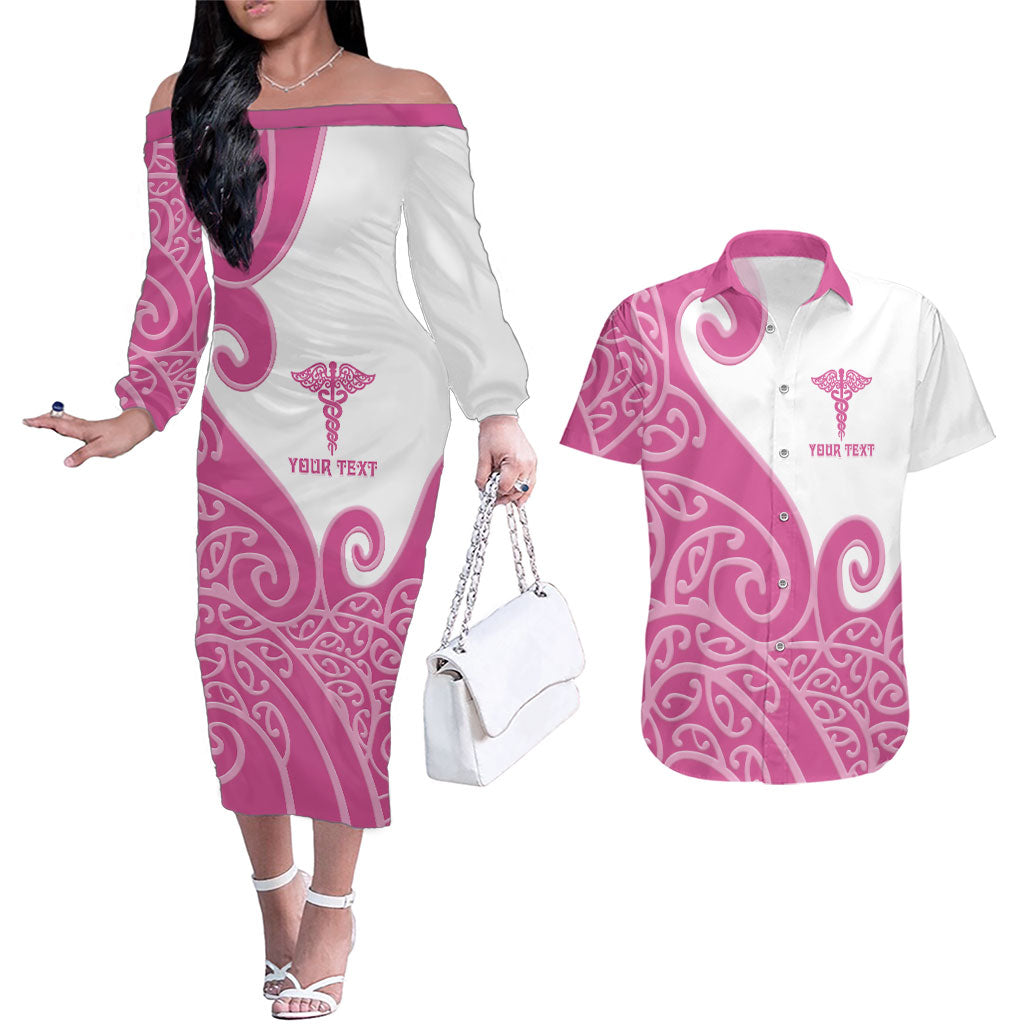 Personalised New Zealand Nurse Couples Matching Off The Shoulder Long Sleeve Dress and Hawaiian Shirt Maori Koru Pink Version