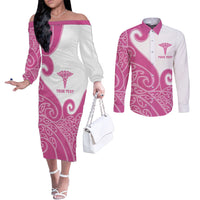Personalised New Zealand Nurse Couples Matching Off The Shoulder Long Sleeve Dress and Long Sleeve Button Shirt Maori Koru Pink Version LT05 Pink - Polynesian Pride
