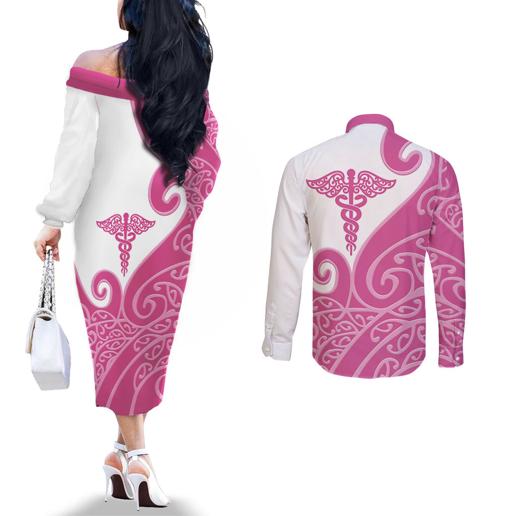Personalised New Zealand Nurse Couples Matching Off The Shoulder Long Sleeve Dress and Long Sleeve Button Shirt Maori Koru Pink Version LT05 - Polynesian Pride