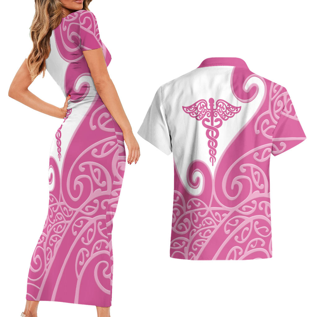 Personalised New Zealand Nurse Couples Matching Short Sleeve Bodycon Dress and Hawaiian Shirt Maori Koru Pink Version LT05 - Polynesian Pride