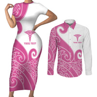 Personalised New Zealand Nurse Couples Matching Short Sleeve Bodycon Dress and Long Sleeve Button Shirt Maori Koru Pink Version