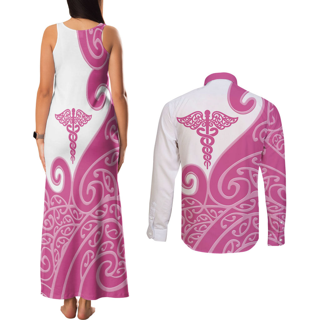 Personalised New Zealand Nurse Couples Matching Tank Maxi Dress and Long Sleeve Button Shirt Maori Koru Pink Version