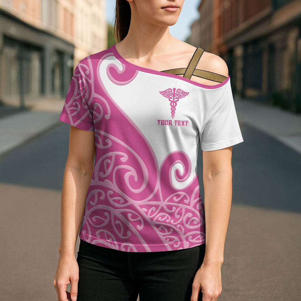 Personalised New Zealand Nurse Cross Shoulder Shirt Maori Koru Pink Version