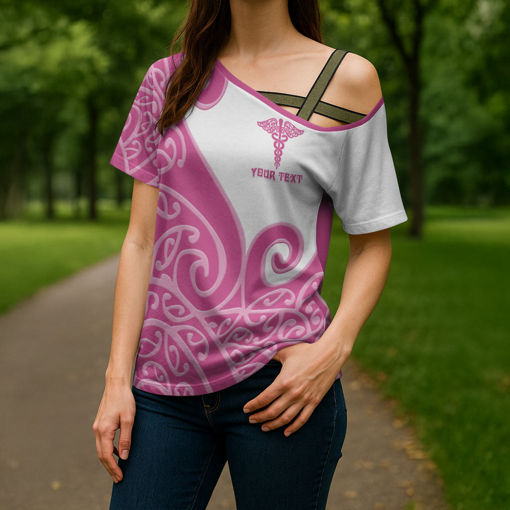 Personalised New Zealand Nurse Cross Shoulder Shirt Maori Koru Pink Version
