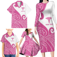 Personalised New Zealand Nurse Family Matching Long Sleeve Bodycon Dress and Hawaiian Shirt Maori Koru Pink Version LT05 - Polynesian Pride