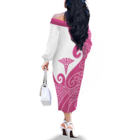 Personalised New Zealand Nurse Family Matching Off The Shoulder Long Sleeve Dress and Hawaiian Shirt Maori Koru Pink Version LT05 - Polynesian Pride