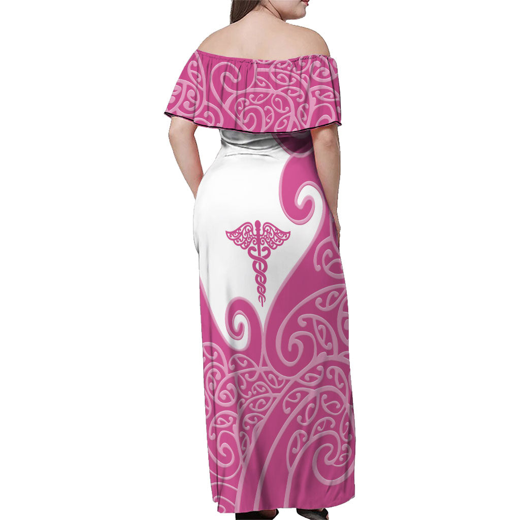 Personalised New Zealand Nurse Family Matching Off Shoulder Maxi Dress and Hawaiian Shirt Maori Koru Pink Version LT05 - Polynesian Pride
