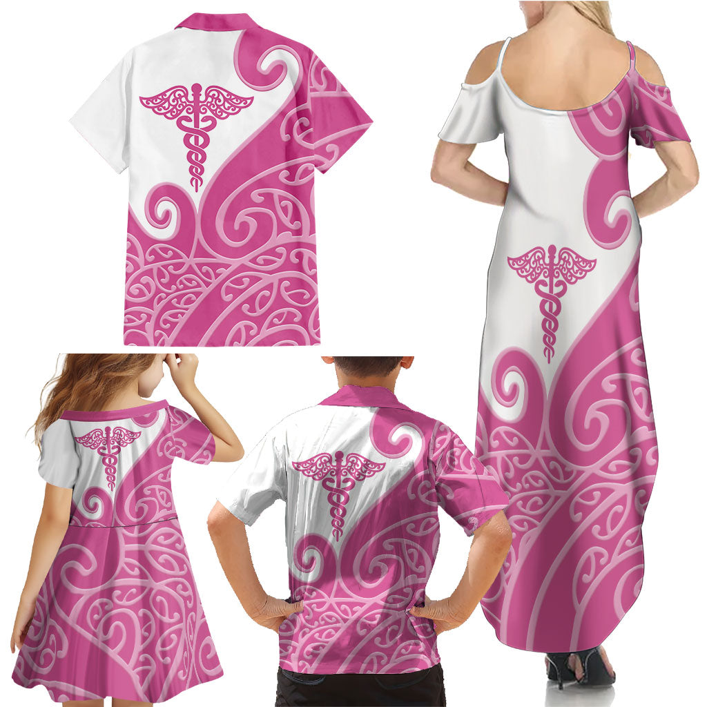 Personalised New Zealand Nurse Family Matching Summer Maxi Dress and Hawaiian Shirt Maori Koru Pink Version LT05 - Polynesian Pride