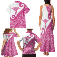Personalised New Zealand Nurse Family Matching Tank Maxi Dress and Hawaiian Shirt Maori Koru Pink Version LT05 - Polynesian Pride