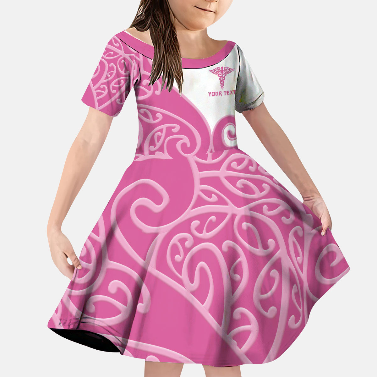 Personalised New Zealand Nurse Kid Short Sleeve Dress Maori Koru Pink Version