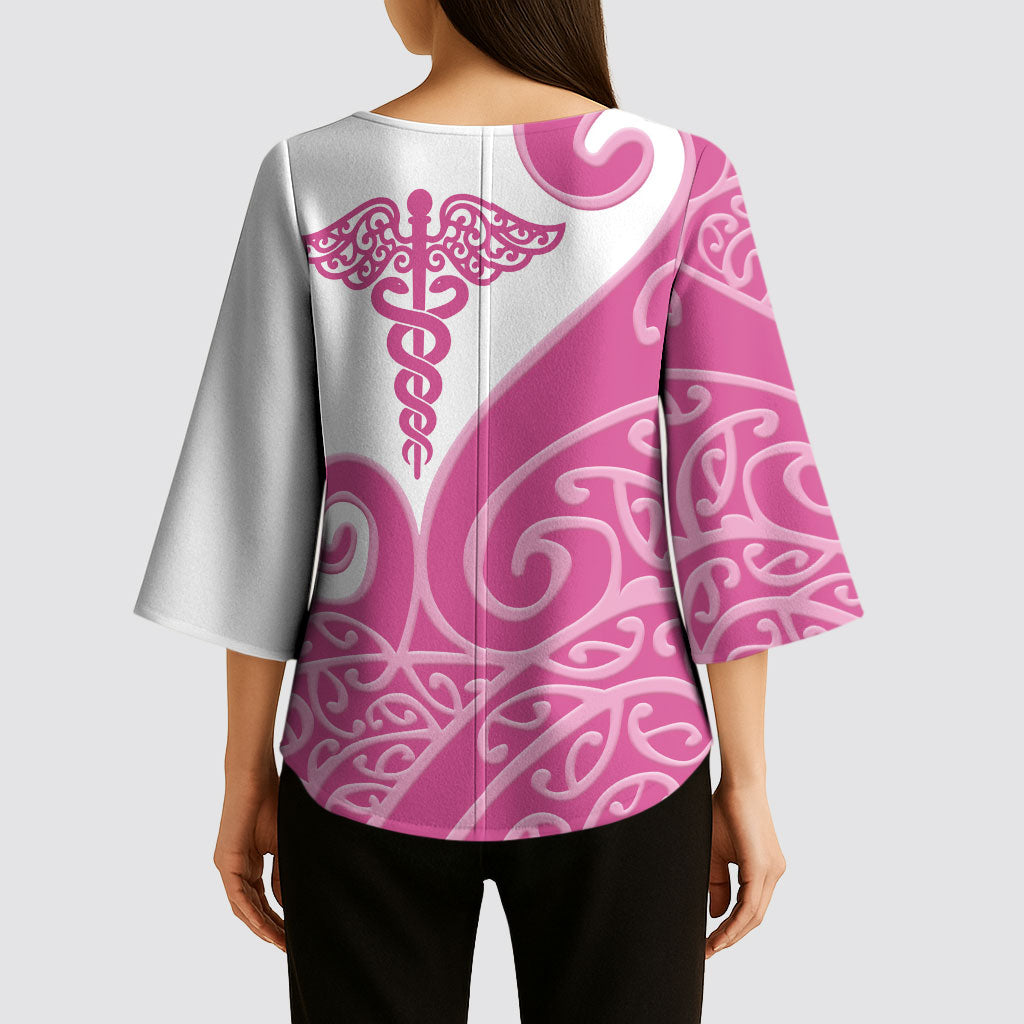 Personalised New Zealand Nurse Kimono Sleeve Blouse Maori Koru Pink Version