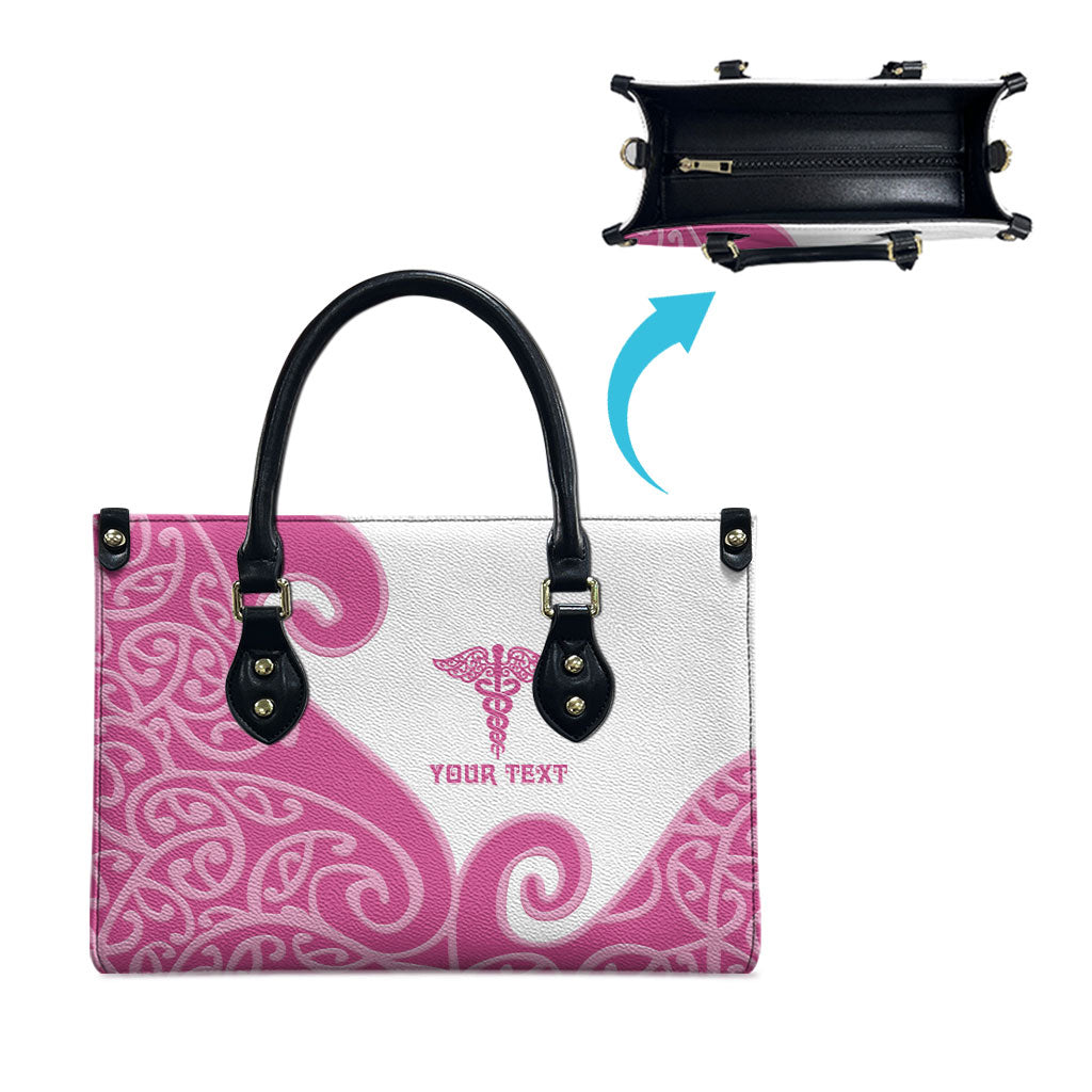 Personalised New Zealand Nurse Leather Bag Maori Koru Pink Version