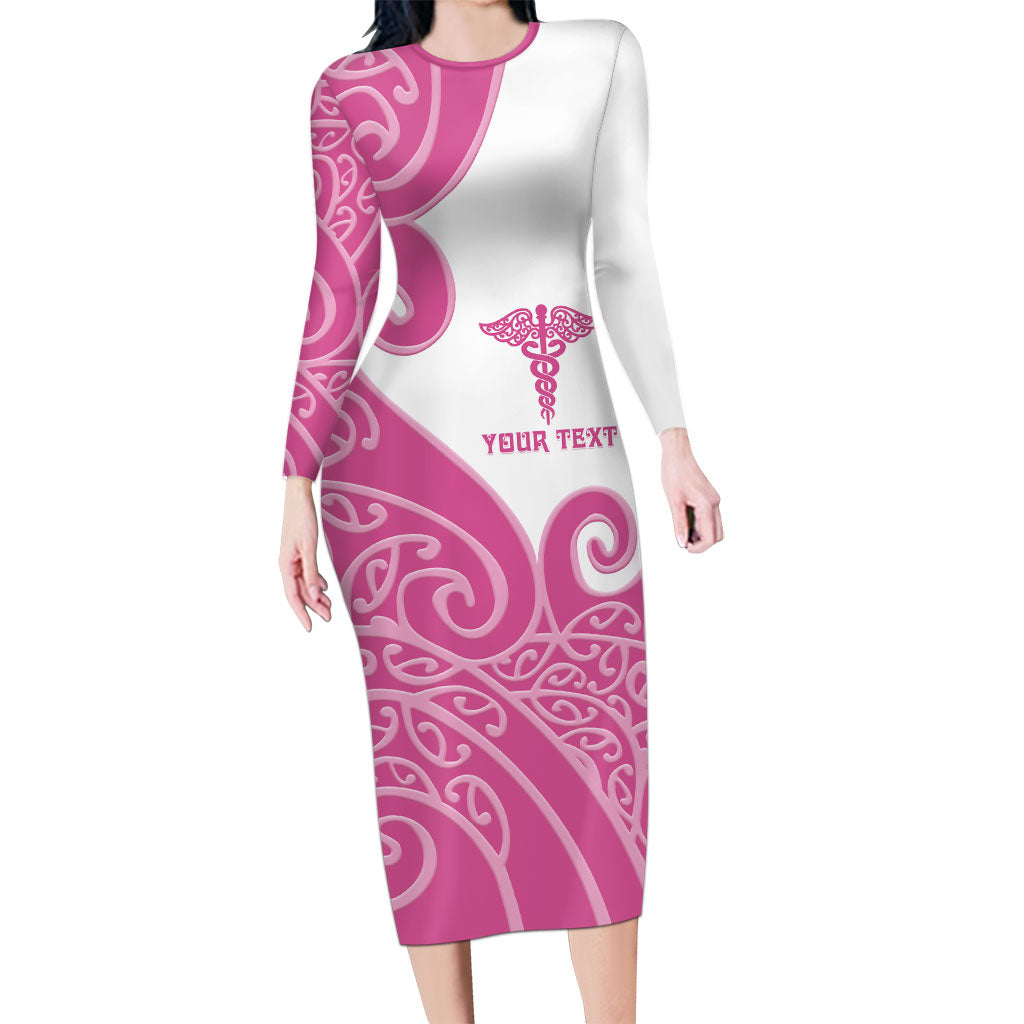 Personalised New Zealand Nurse Long Sleeve Bodycon Dress Maori Koru Pink Version