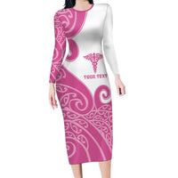 Personalised New Zealand Nurse Long Sleeve Bodycon Dress Maori Koru Pink Version