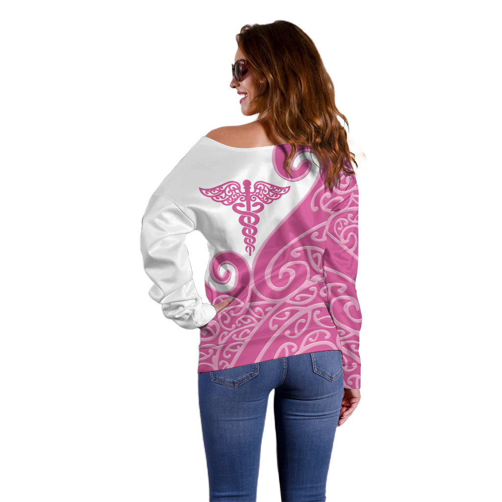 Personalised New Zealand Nurse Off Shoulder Sweater Maori Koru Pink Version