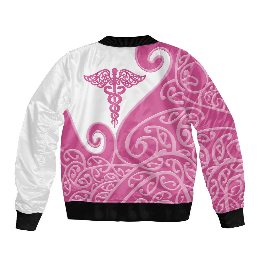 Personalised New Zealand Nurse Sleeve Zip Bomber Jacket Maori Koru Pink Version