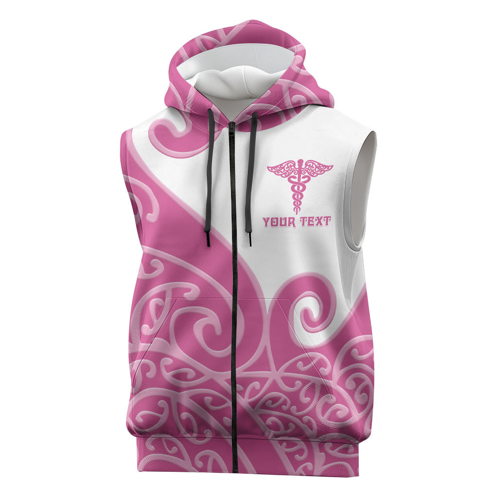 Personalised New Zealand Nurse Sleeveless Zip Hoodie Maori Koru Pink Version