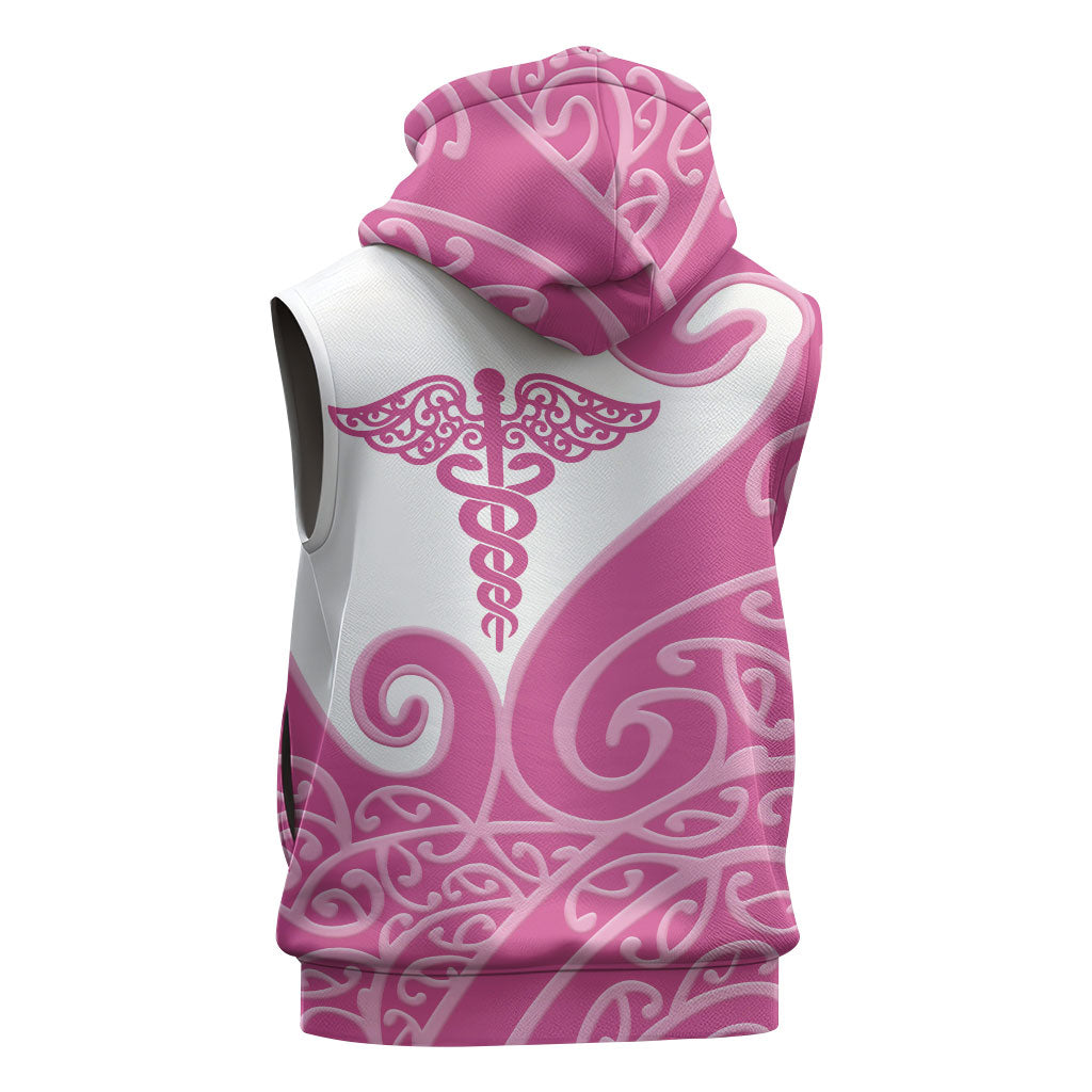 Personalised New Zealand Nurse Sleeveless Zip Hoodie Maori Koru Pink Version