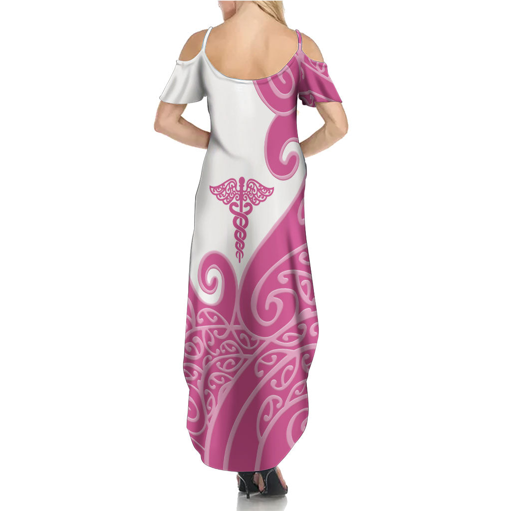 Personalised New Zealand Nurse Summer Maxi Dress Maori Koru Pink Version