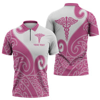 Personalised New Zealand Nurse Zipper Polo Shirt Maori Koru Pink Version