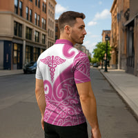Personalised New Zealand Nurse Zipper Polo Shirt Maori Koru Pink Version