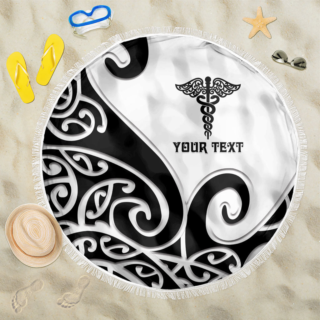 Personalised New Zealand Nurse Beach Blanket Maori Koru Black Version