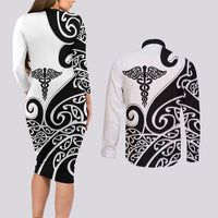 Personalised New Zealand Nurse Couples Matching Long Sleeve Bodycon Dress and Long Sleeve Button Shirt Maori Koru Black Version