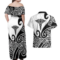 Personalised New Zealand Nurse Couples Matching Off Shoulder Maxi Dress and Hawaiian Shirt Maori Koru Black Version